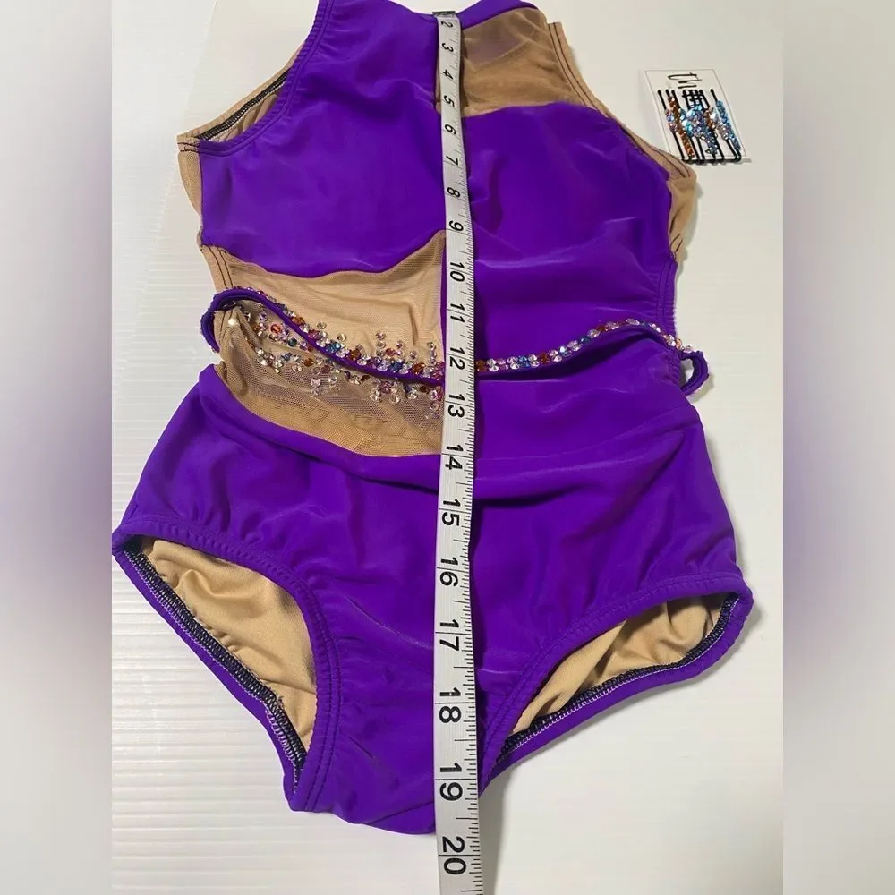 AA dance design solo costume JOURNEY leotard purple mesh cutout LC-large child